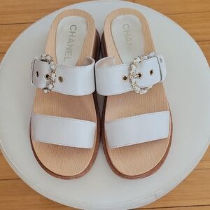 Chanel White Slide Sandals with Gold Accents Size 6.5